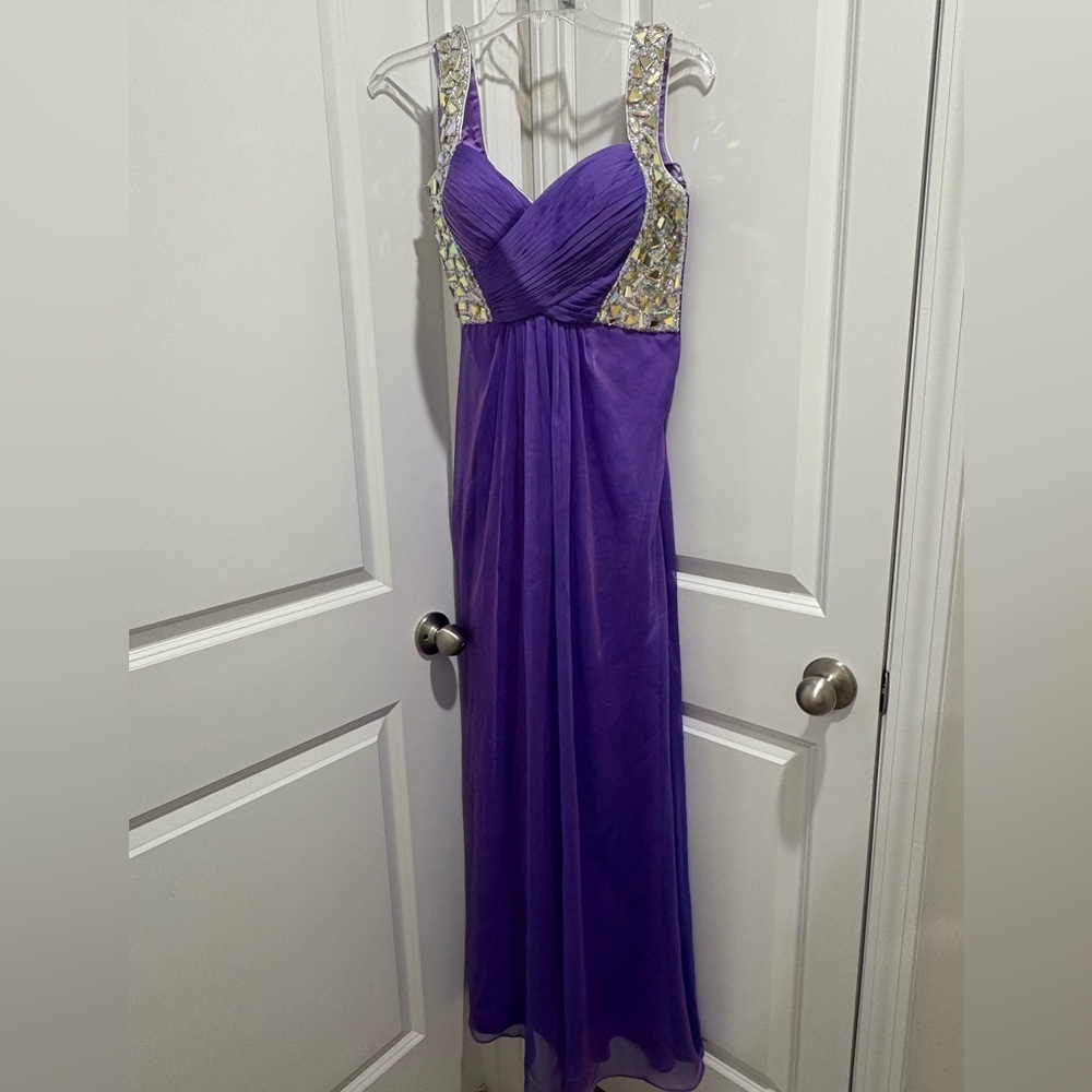 La Femme Purple Cut Out Halter Gown